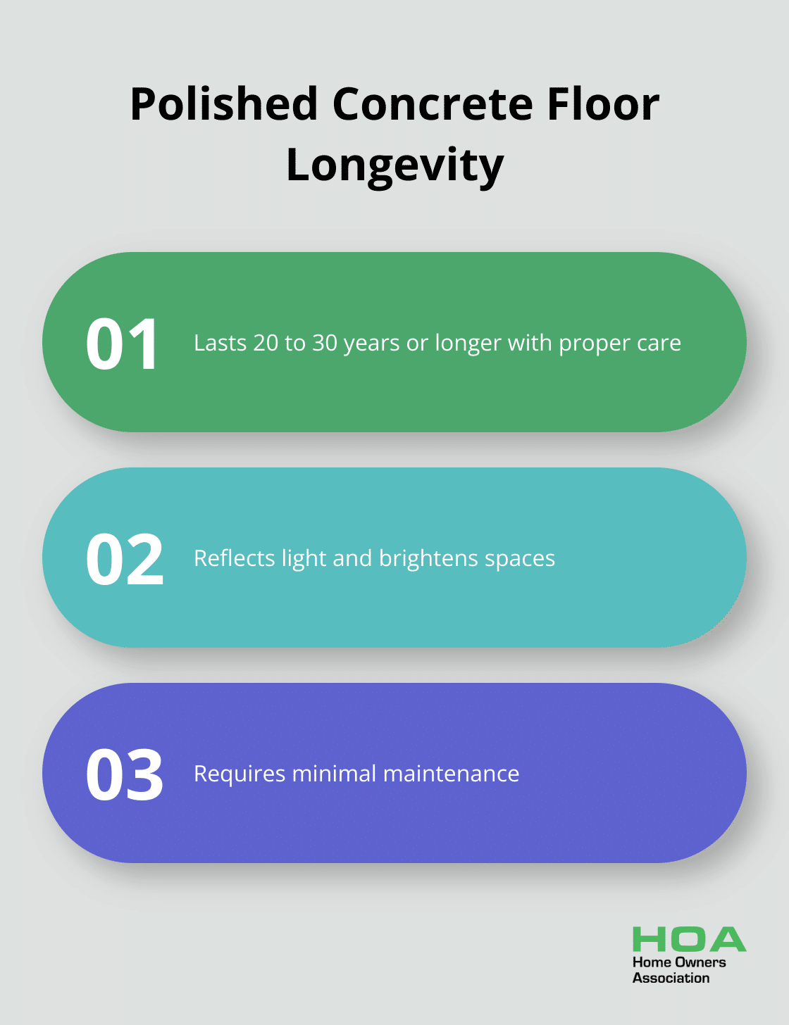 Chart showing the longevity and benefits of polished concrete floors - concrete floor finish options