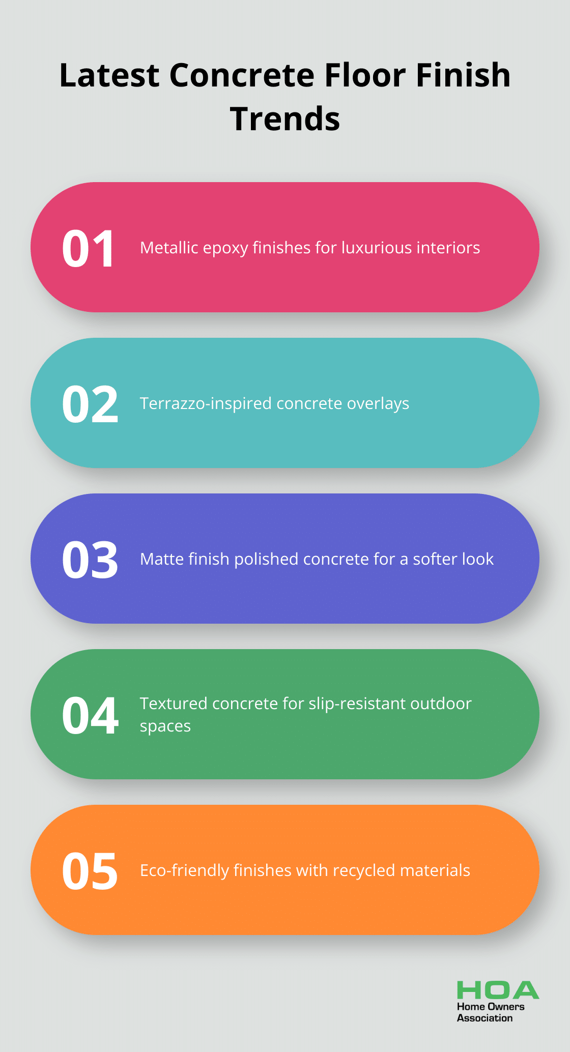 Chart summarizing the top trends in concrete floor finishes - concrete floor finish options