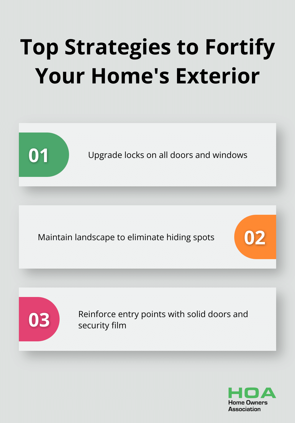 Ordered list chart showing three key strategies for fortifying a home's exterior: upgrade locks, maintain landscape, and reinforce entry points - home security tips