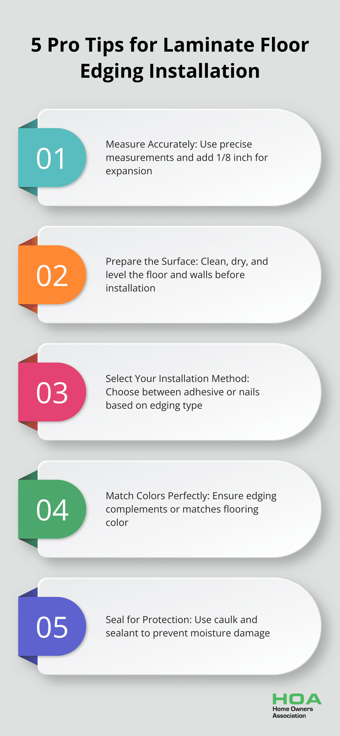 Infographic presenting 5 professional tips for installing laminate floor edging: Measure Accurately, Prepare the Surface, Select Your Installation Method, Match Colors Perfectly, and Seal for Protection - laminate floor edging options