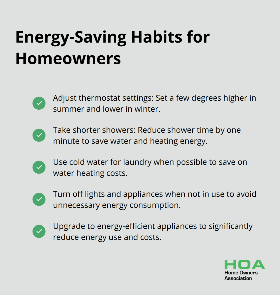 Checkmark list chart showing five energy-saving habits for homeowners to reduce energy consumption. - average home energy use