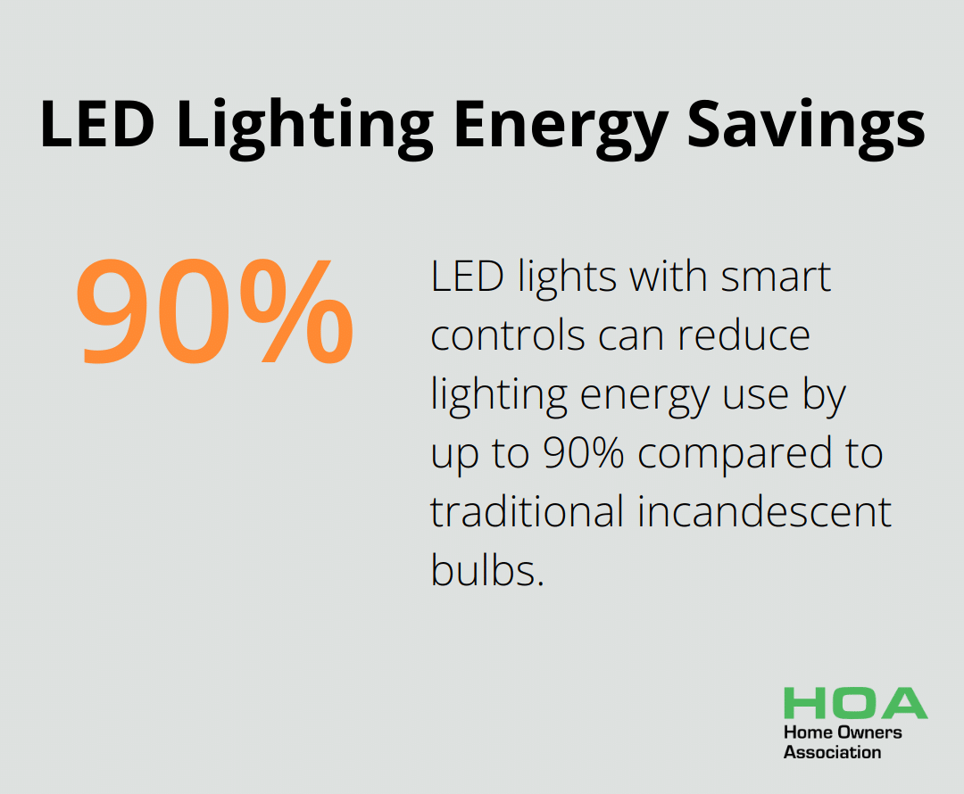 Chart showing up to 90% reduction in lighting energy use with LED lights and smart controls compared to traditional incandescent bulbs - energy efficient home