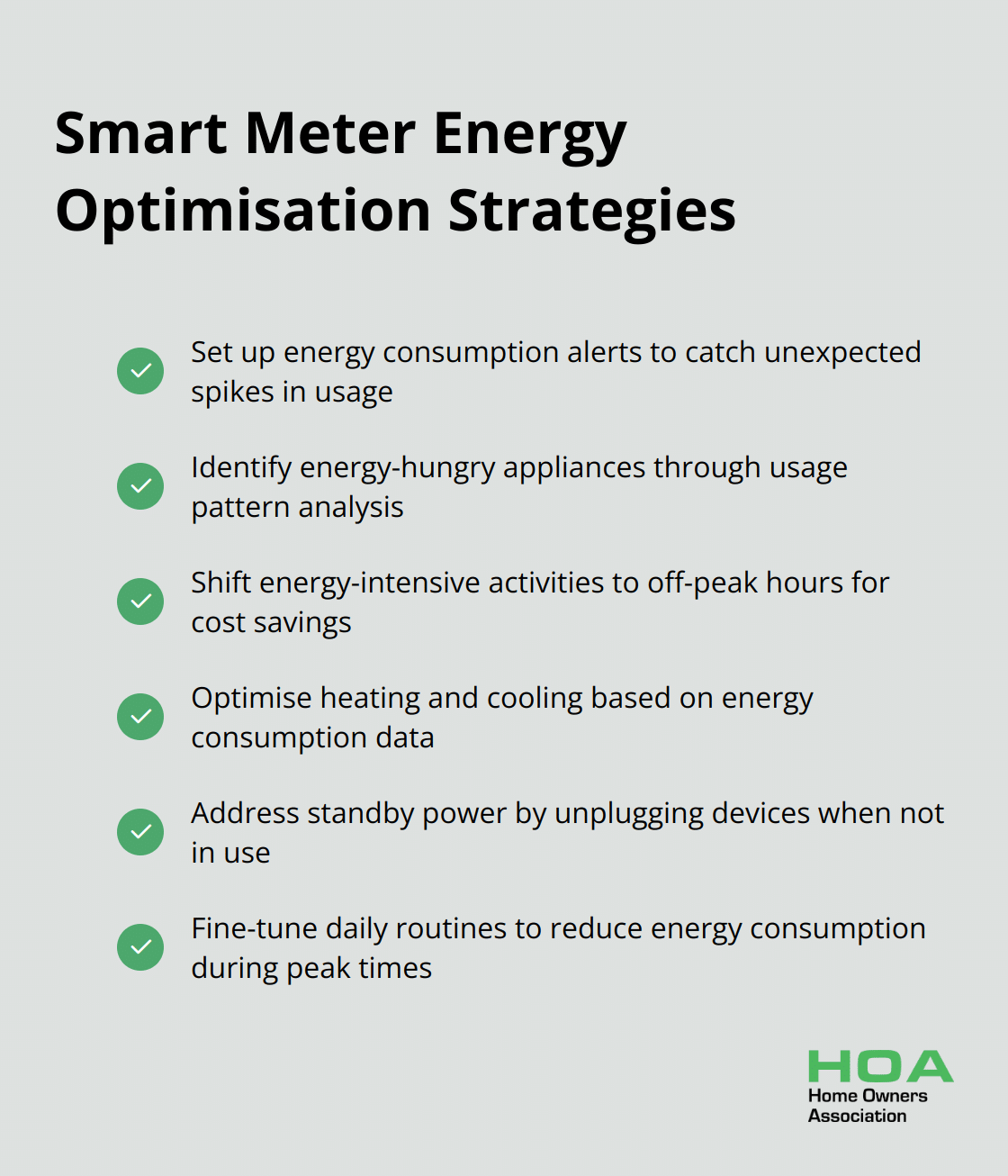 Checkmark list of strategies to optimise energy usage using smart meter data - smart meter home energy monitor