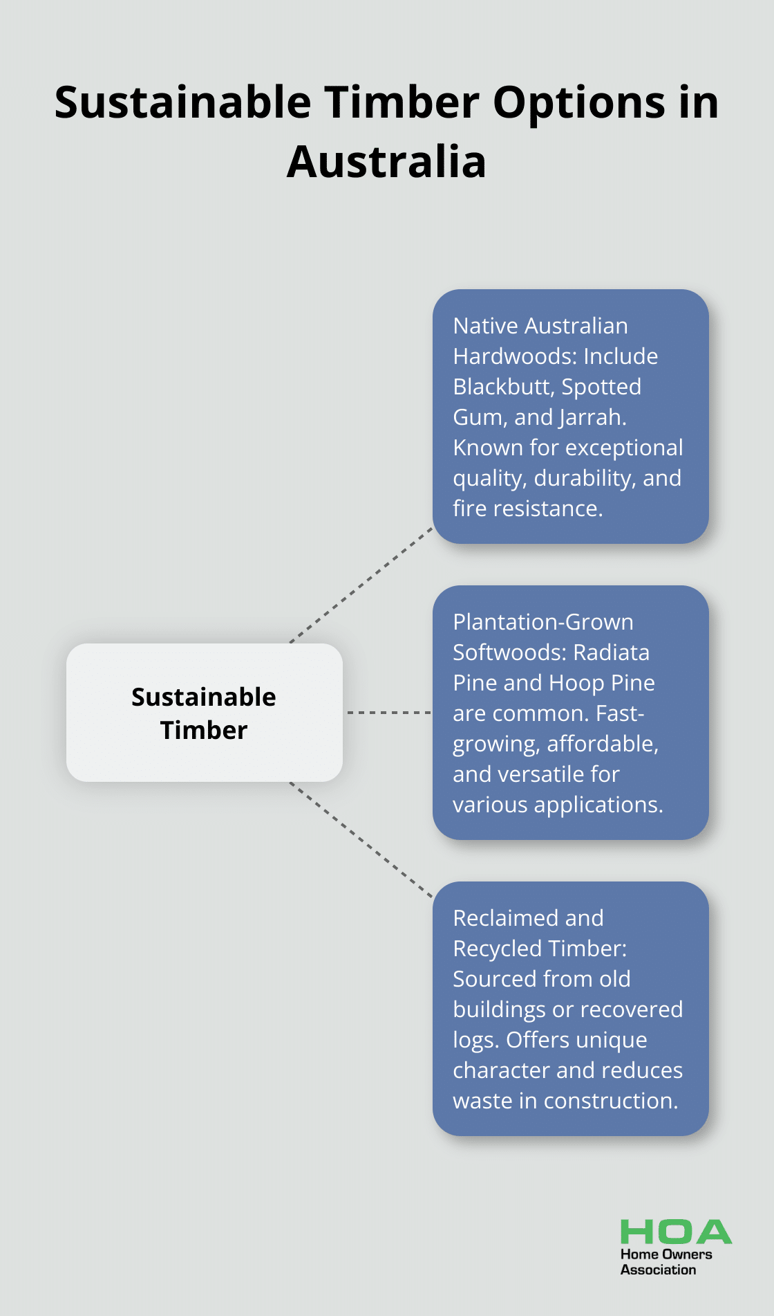 Hub and spoke chart showing various sustainable timber options in Australia, including native hardwoods, plantation-grown softwoods, and reclaimed timber - sustainable timber guide australia