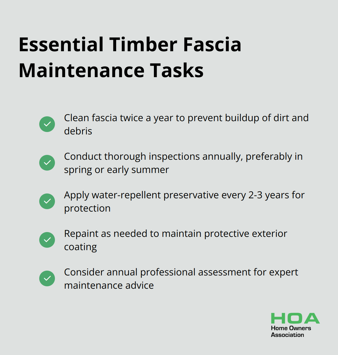 Checkmark list chart outlining five essential maintenance tasks for timber fascia, including cleaning, inspection, sealing, painting, and professional assessment. - timber fascia installation guide