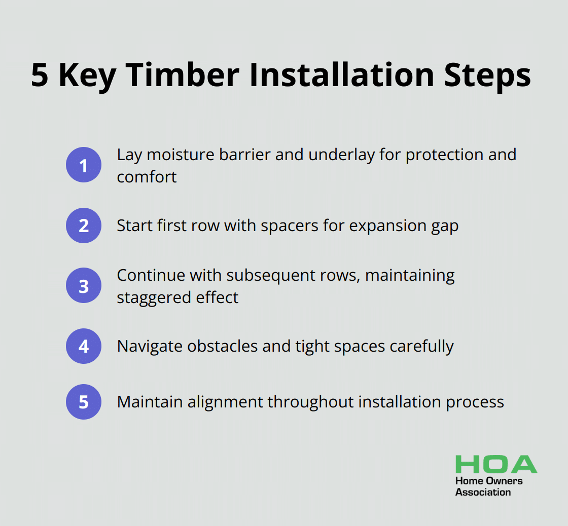 Ordered list of steps for installing timber flooring, from laying moisture barrier to maintaining alignment