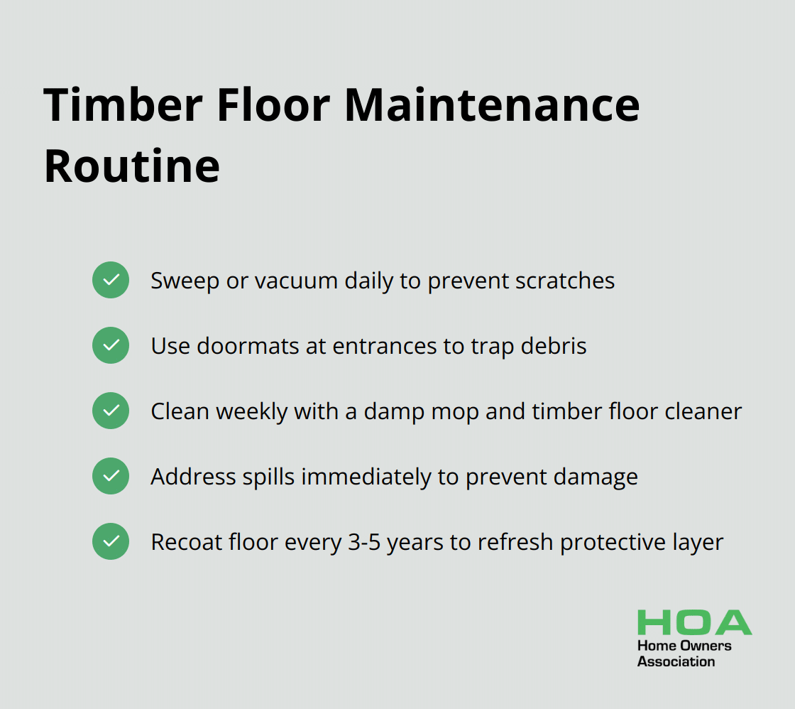 Checklist of maintenance tasks for timber flooring, including daily, weekly, and long-term care - timber flooring installation guide