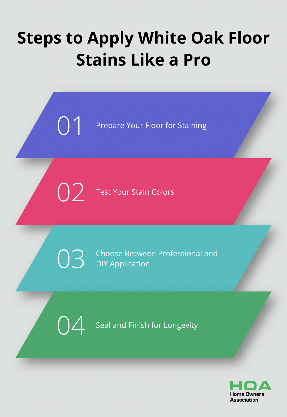 Four main steps to apply white oak floor stains: prepare floor, test colors, choose application method, and seal and finish - white oak floor stain options