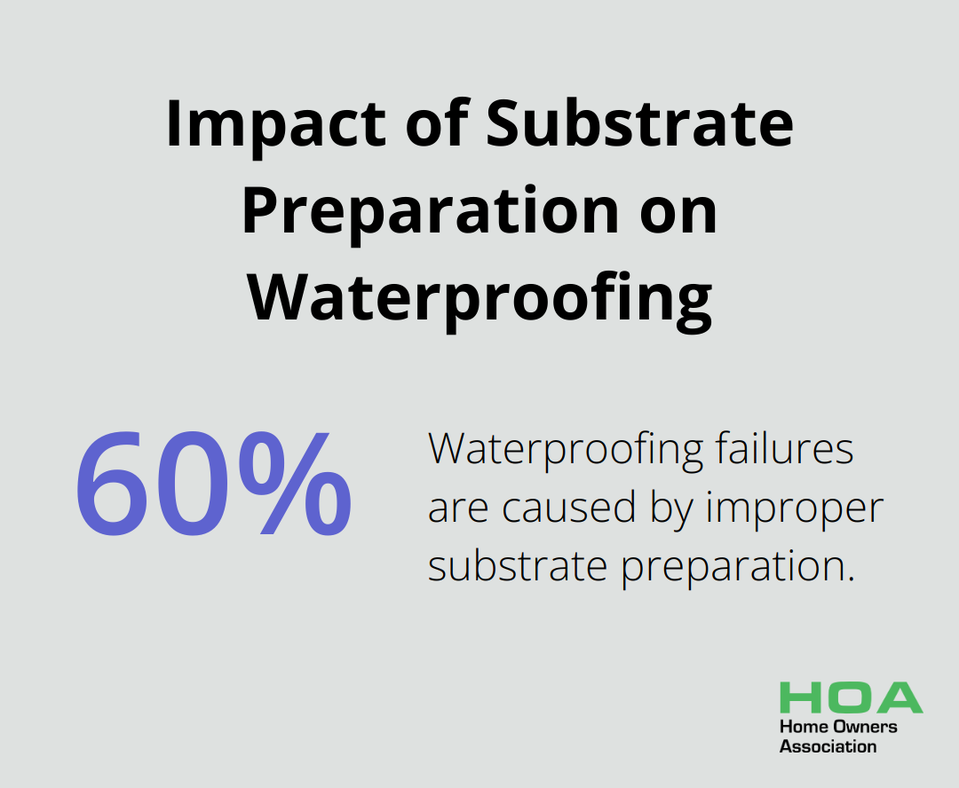 Percentage chart showing 60% of waterproofing failures due to improper substrate preparation