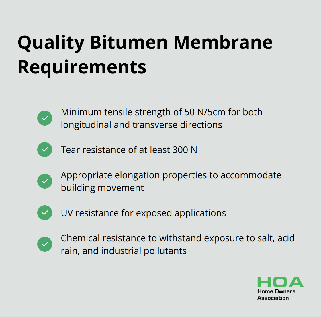 Checkmark list of key requirements for quality bitumen membranes - bitumen waterproofing membrane