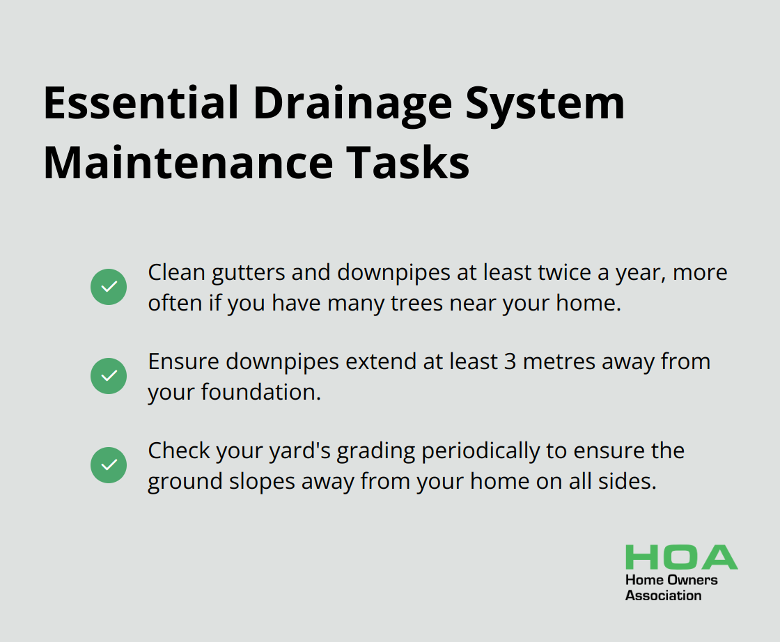 Checkmark list chart showing essential drainage system maintenance tasks: clean gutters and downpipes, ensure proper downpipe extension, and check yard grading.