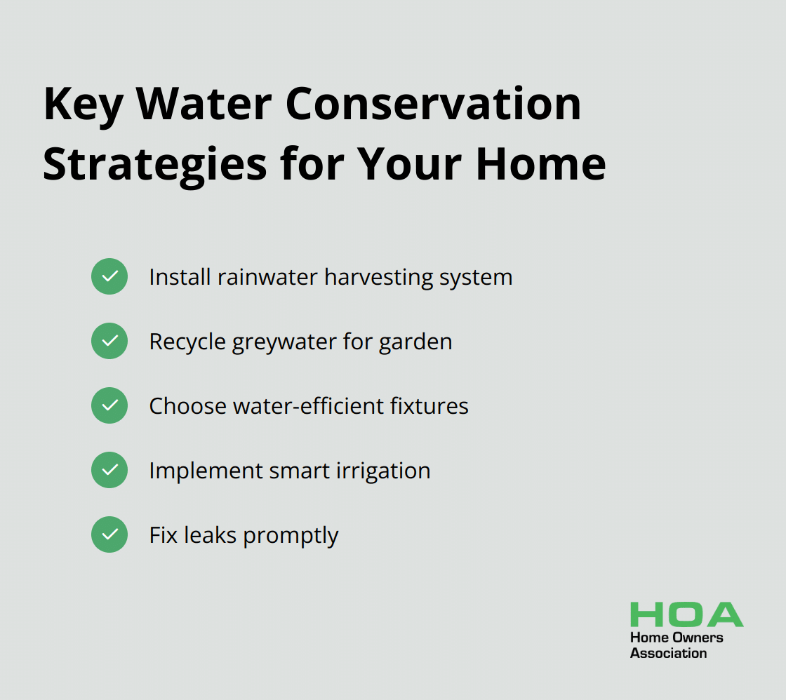 Infographic listing five key water conservation strategies: Install rainwater harvesting system, Recycle greywater for garden, Choose water-efficient fixtures, Implement smart irrigation, and Fix leaks promptly - sustainable living homes