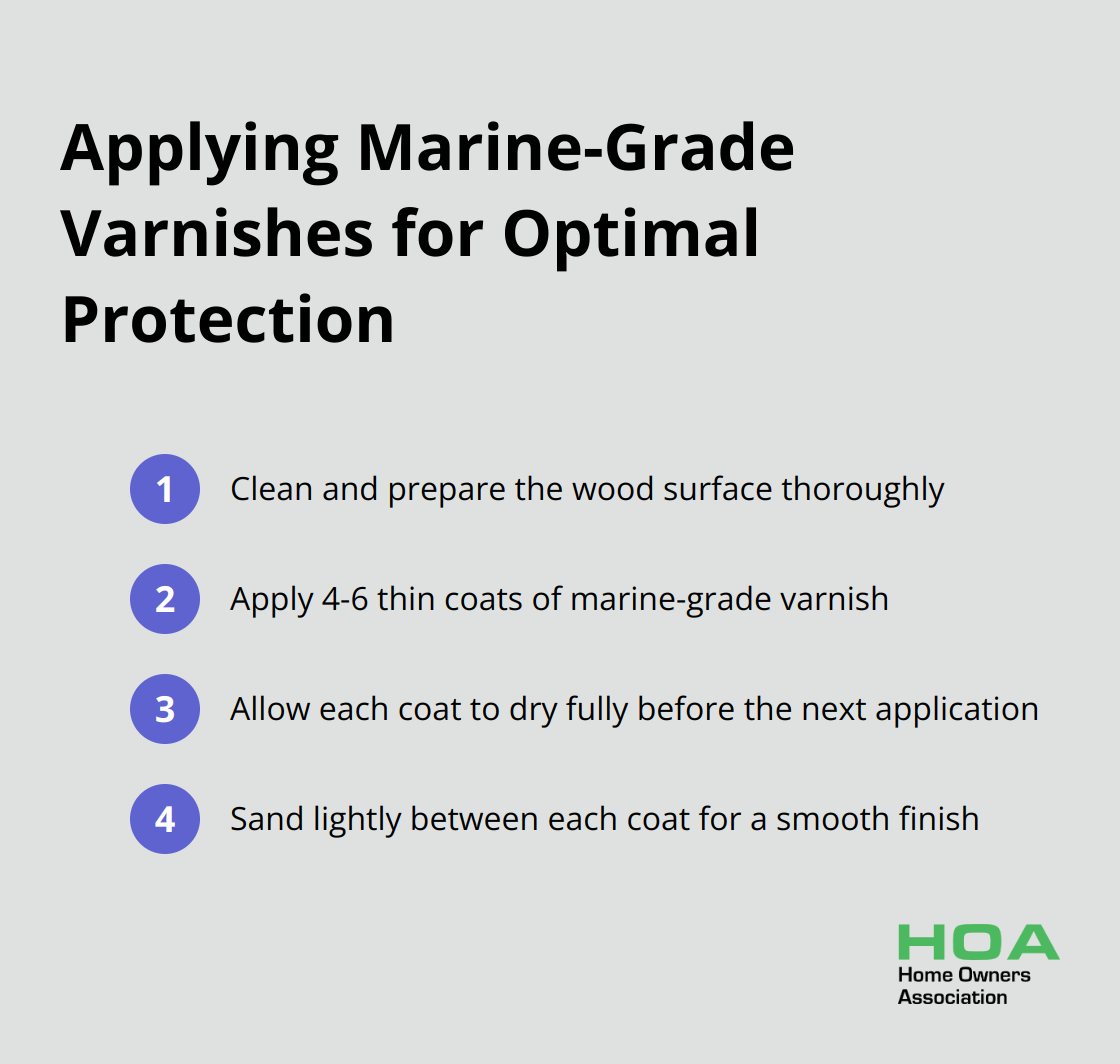 Ordered list showing steps to apply marine-grade varnishes for decks and outdoor furniture