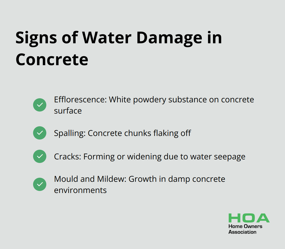 Checklist of four common signs of water damage in concrete: efflorescence, spalling, cracks, and mould and mildew - waterproofing concrete floor
