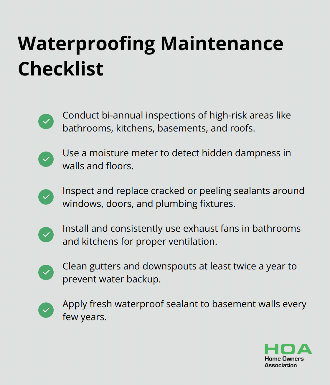Checkmark list of essential waterproofing maintenance tasks for homeowners - waterproofing integrity