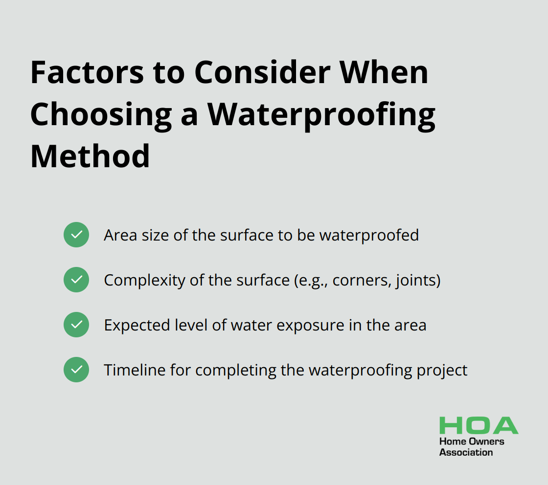 A list of 4 factors to consider when choosing a waterproofing method: area size, surface complexity, expected water exposure, and project timeline. - waterproofing on top of tiles