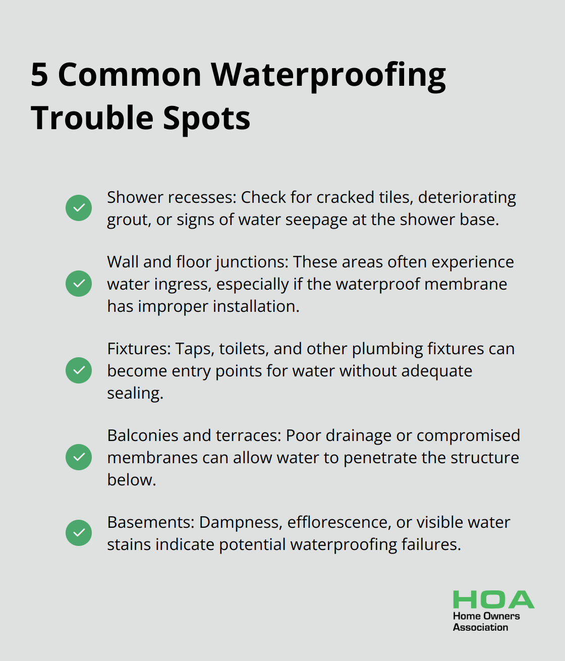 Checkmark list of five common trouble spots for waterproofing issues in homes: shower recesses, wall and floor junctions, fixtures, balconies and terraces, and basements