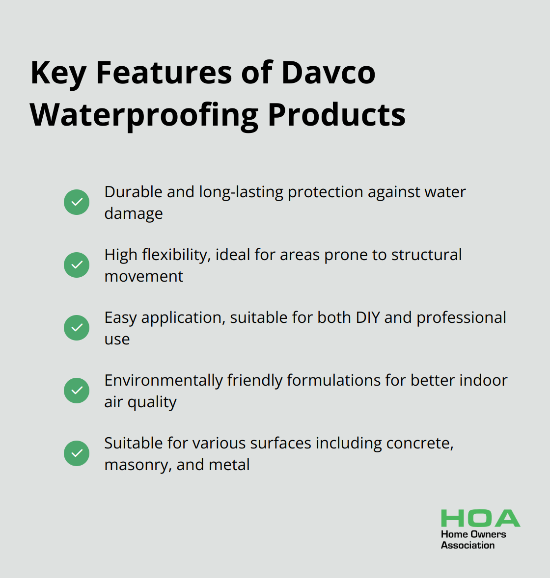 Checklist of key features of Davco waterproofing products including durability, flexibility, ease of application, environmental friendliness, and suitability for various surfaces.
