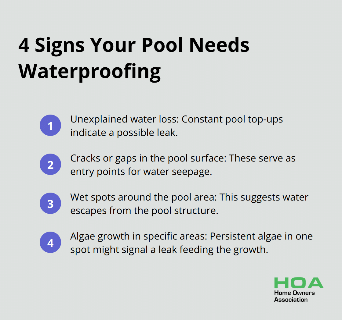 A list of four signs indicating that a pool requires waterproofing attention: unexplained water loss, cracks or gaps in the pool surface, wet spots around the pool area, and algae growth in specific areas.