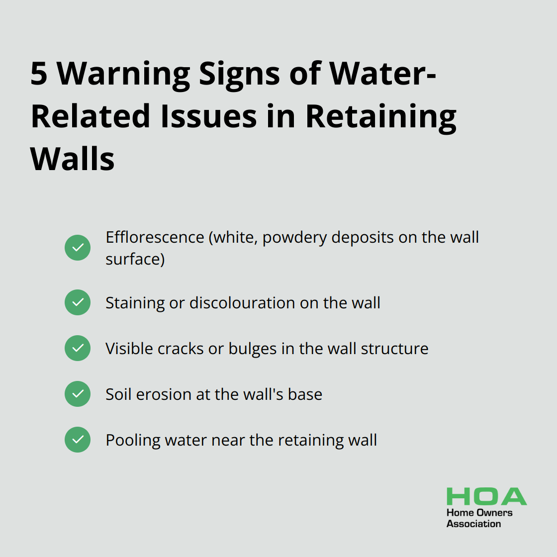 Checklist of five warning signs for water-related issues in retaining walls: efflorescence, staining or discolouration, visible cracks or bulges, soil erosion at the wall's base, and pooling water near the wall. - retaining wall waterproofing