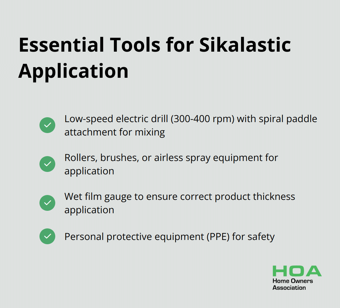 Checkmark list of essential tools and equipment for Sikalastic application