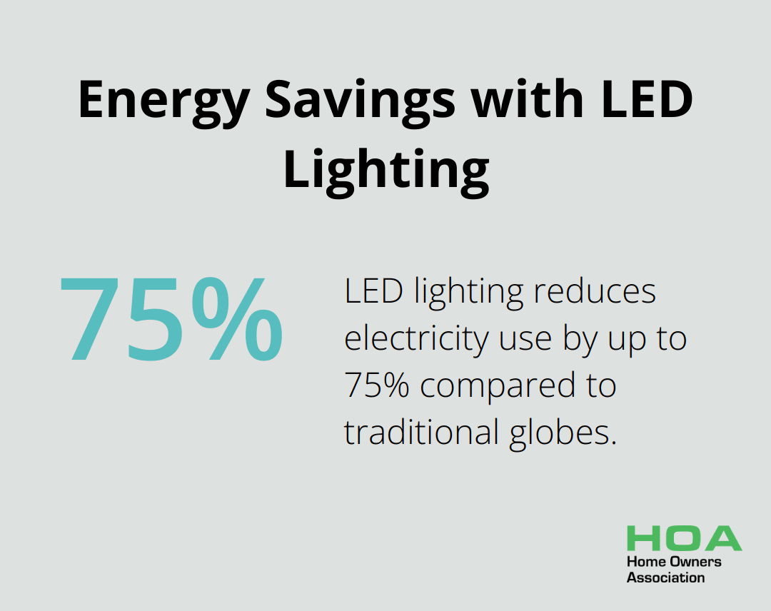 Chart showing that LED lighting cuts electricity use by up to 75% compared to traditional globes - sustainable building and design