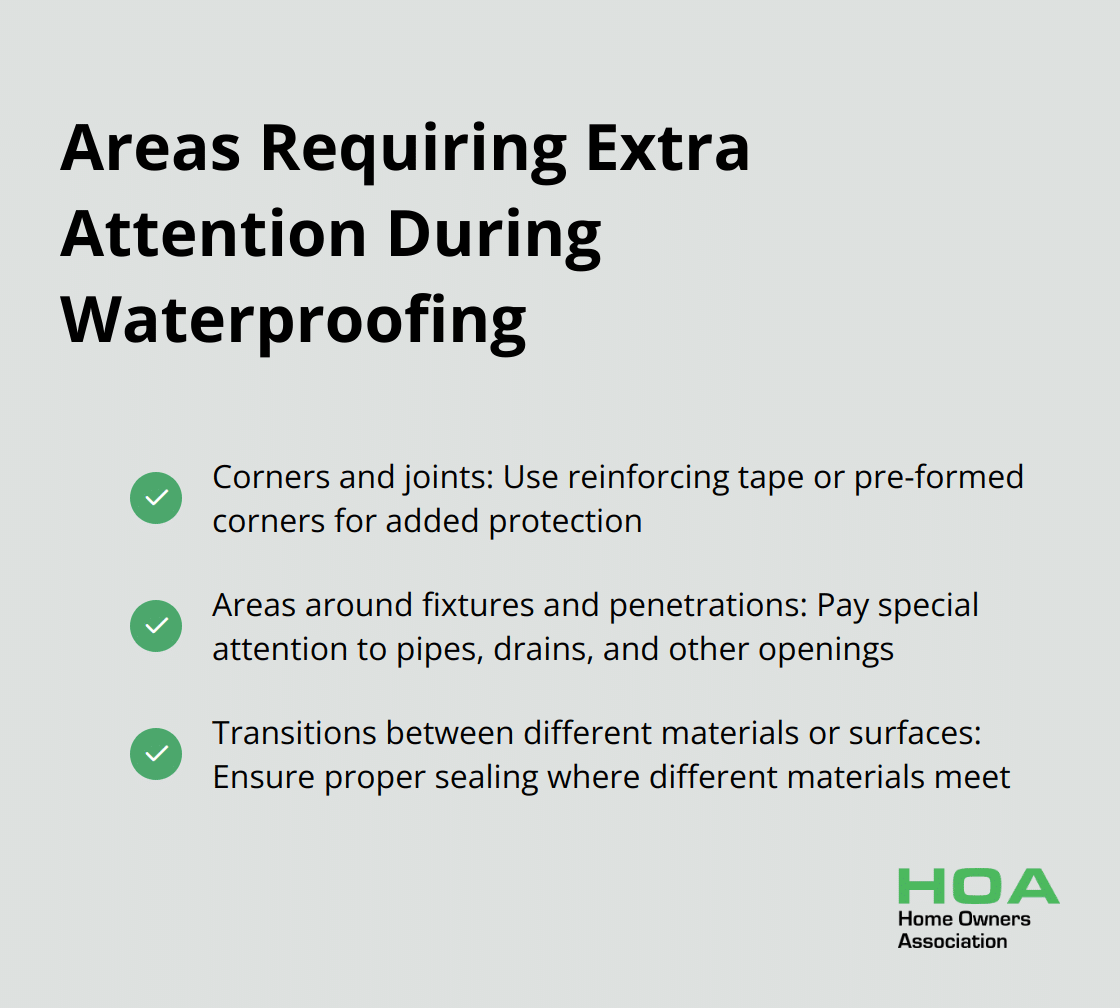 A checkmark list chart highlighting three key areas that need special attention during the waterproofing process: corners and joints, areas around fixtures and penetrations, and transitions between different materials or surfaces