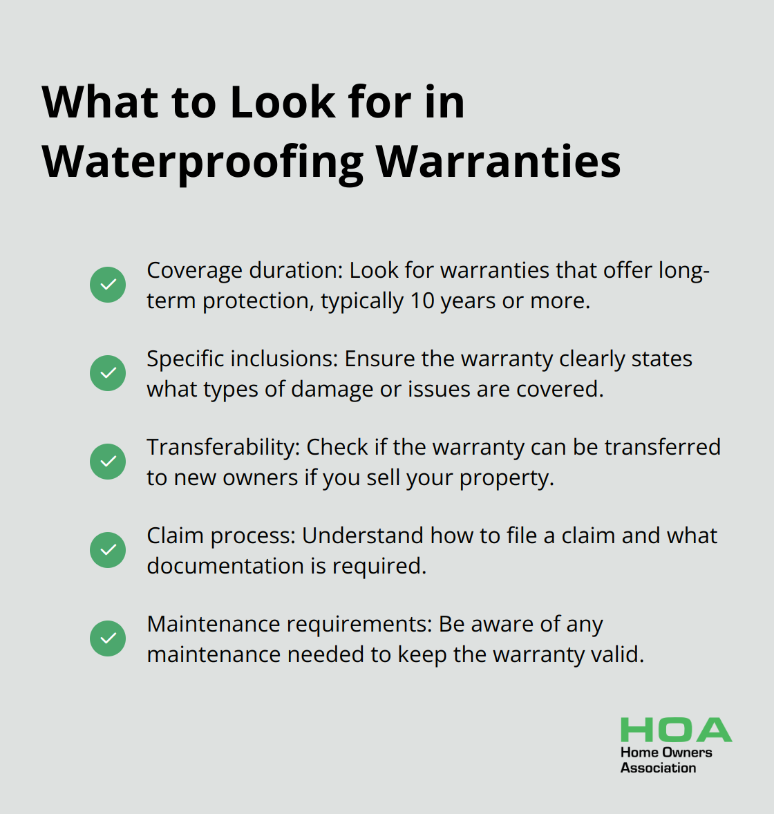 A checkmark list showing key aspects to look for in waterproofing warranties: Coverage duration, Specific inclusions, Transferability, Claim process, and Maintenance requirements.