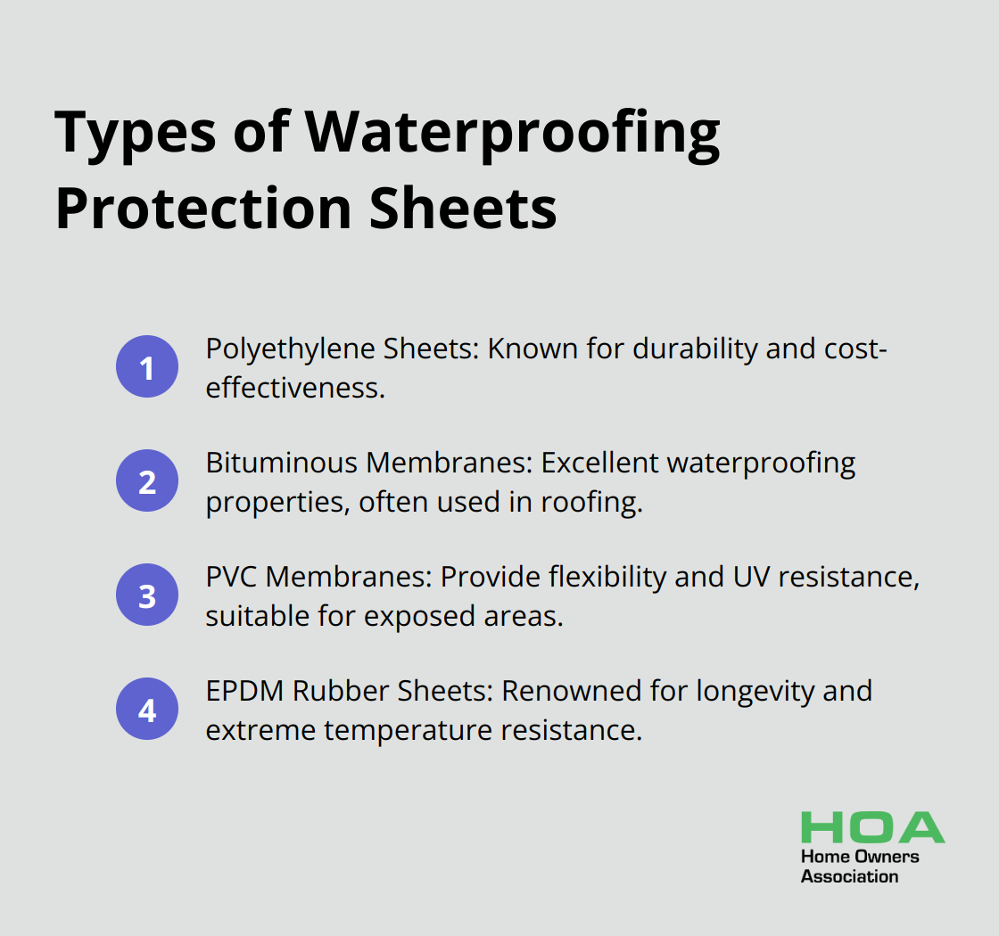 A list of four types of waterproofing protection sheets: Polyethylene Sheets, Bituminous Membranes, PVC Membranes, and EPDM Rubber Sheets.