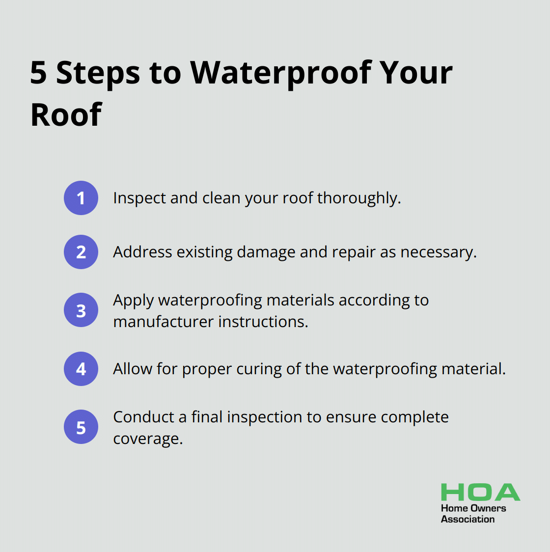 Ordered list showing 5 steps to waterproof your roof - waterproofing roof