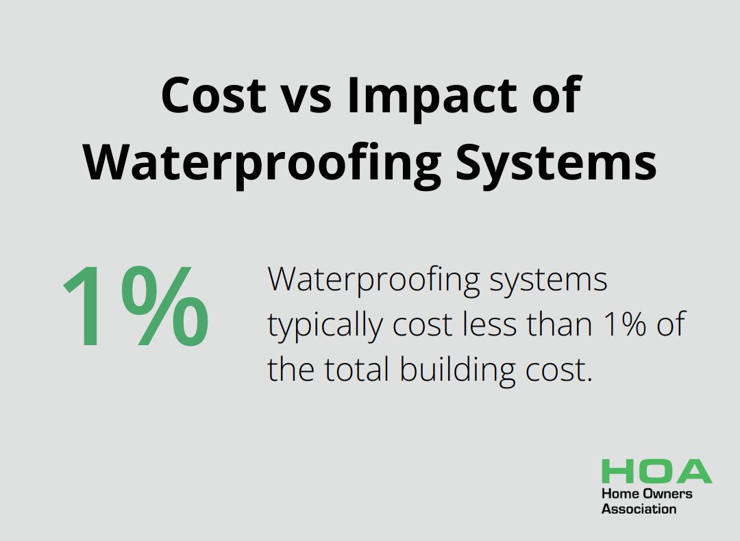 Chart showing that waterproofing systems cost less than 1% of total building cost but have significant impact on structural integrity