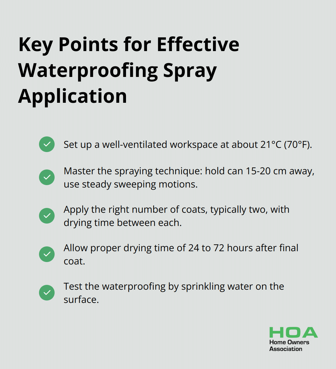 A checkmark list chart showing five key points for effectively applying waterproofing spray: set up workspace, master spraying technique, apply right number of coats, allow proper drying time, and test the waterproofing. - waterproofing spray for jackets
