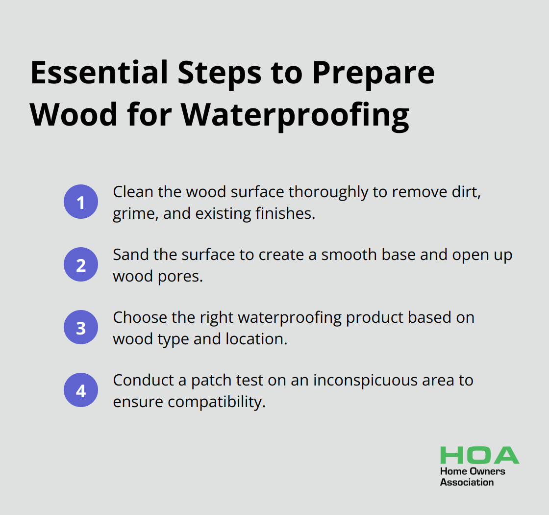 An ordered list chart showing four essential steps to prepare wood for waterproofing: clean the wood surface, sand for smooth results, choose the right waterproofing product, and conduct a patch test. - waterproofing wood