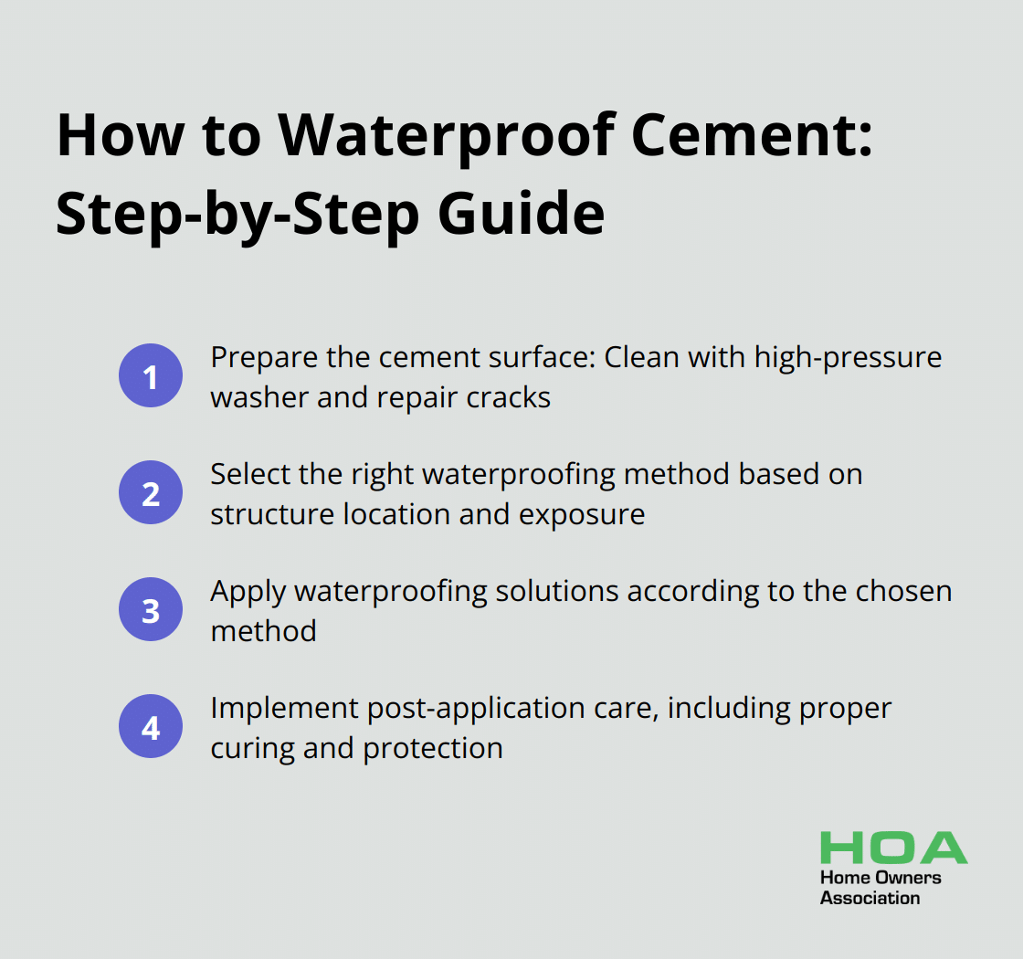 Ordered list chart showing the four main steps to waterproof cement: prepare the surface, select the method, apply waterproofing solutions, and implement post-application care