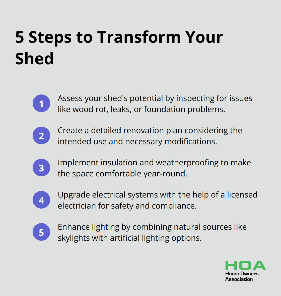 Infographic showing 5 steps to transform a shed: assess potential, create renovation plan, implement insulation, upgrade electrical systems, enhance lighting - shed renovation ideas