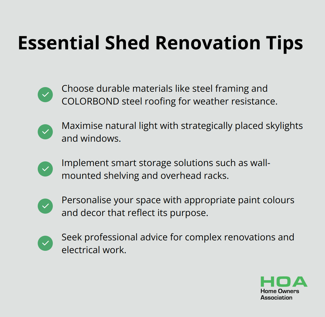 Checklist of essential shed renovation tips including choosing durable materials, maximising natural light, implementing smart storage, personalising the space, and seeking professional advice