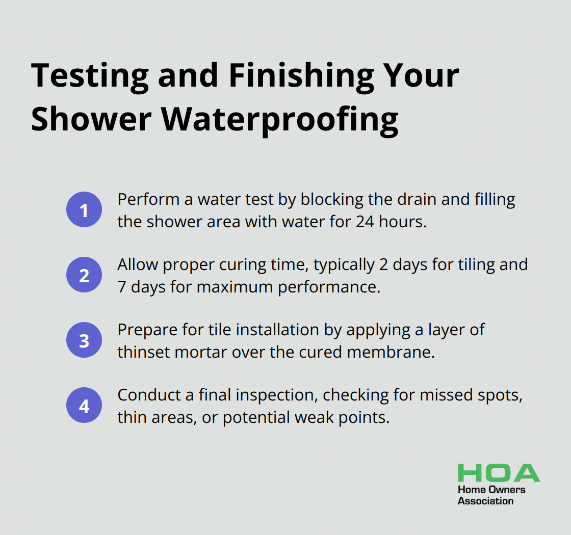 A compact ordered list chart showing the steps for testing and finishing shower waterproofing: perform water test, allow curing time, prepare for tile installation, and conduct final inspection. - shower waterproofing membrane