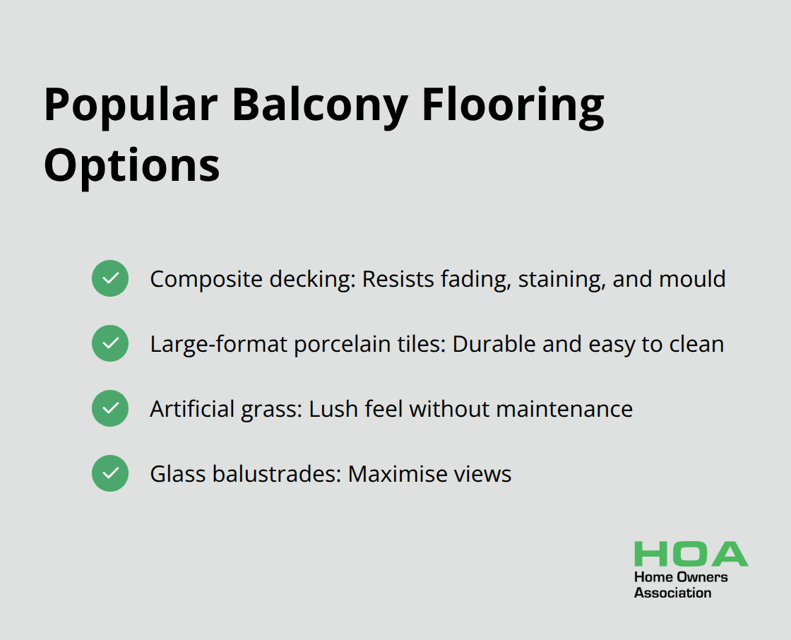 A checkmark list chart showing four popular balcony flooring options: composite decking, large-format porcelain tiles, artificial grass, and glass balustrades.