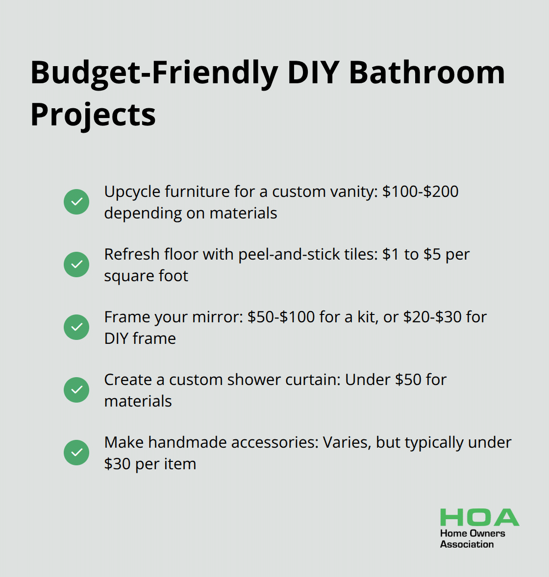 A checkmark list chart showing various DIY bathroom projects with their estimated costs - bathroom renovation ideas cheap