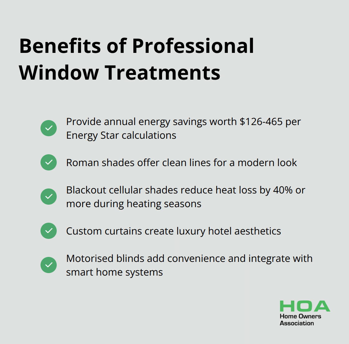 Chart listing benefits of professional window treatments including energy savings, clean lines, blackout options, and luxury aesthetics