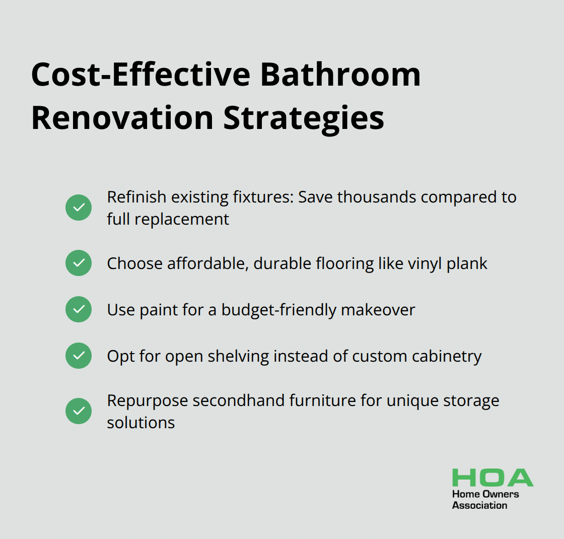Chart listing cost-effective strategies for bathroom renovation including refinishing fixtures, affordable flooring, painting, and open storage options