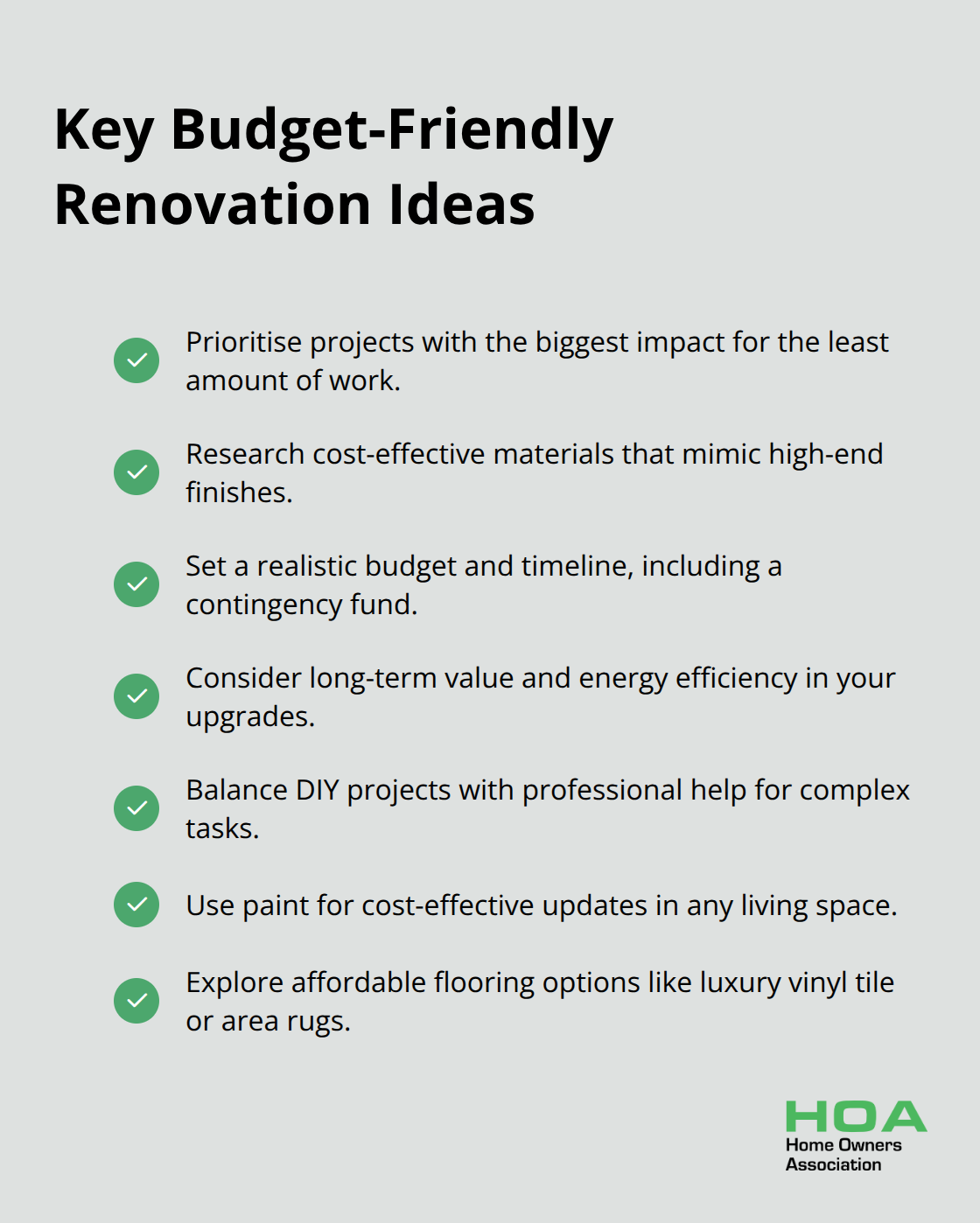 Checkmark list of key budget-friendly renovation ideas