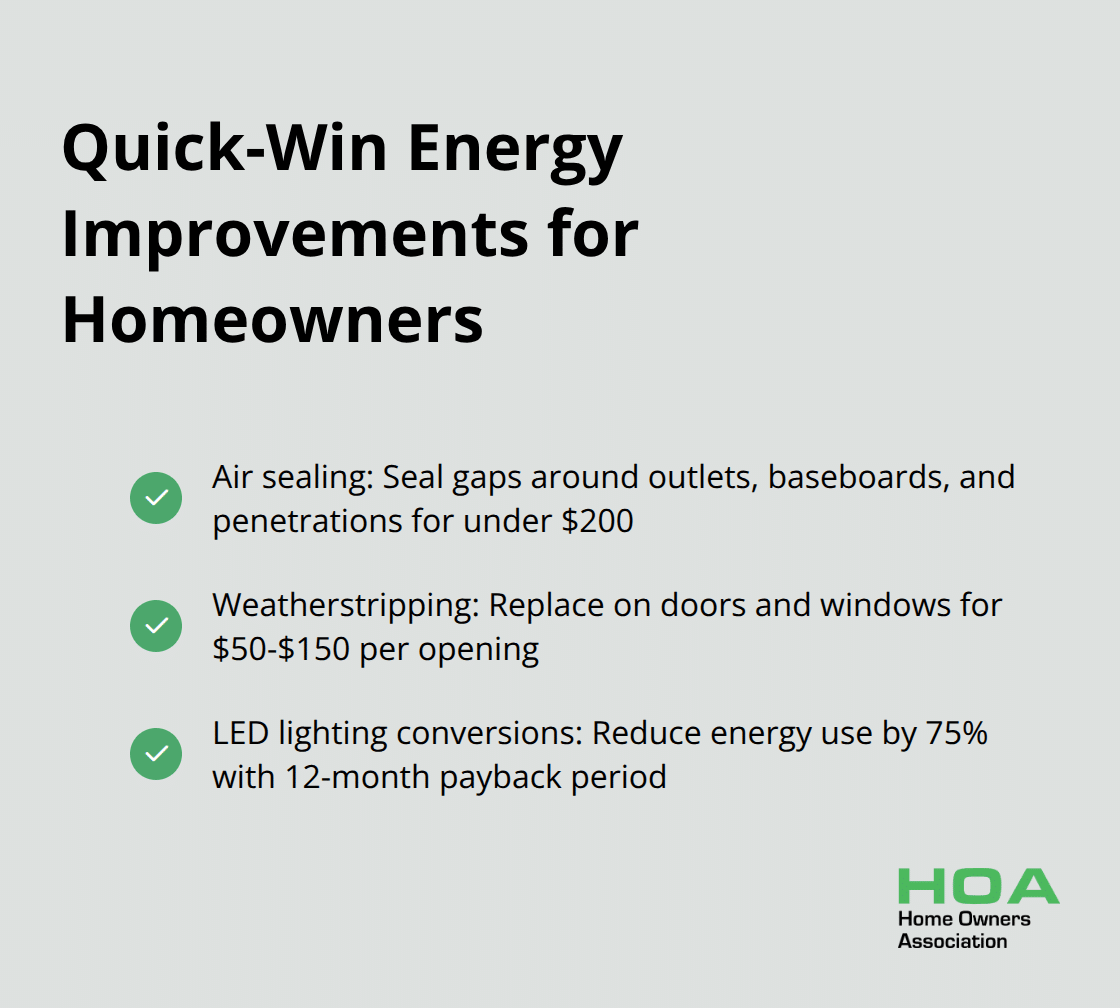 Checklist of three quick-win energy improvements: air sealing, weatherstripping, and LED lighting conversions - home energy efficiency assessment