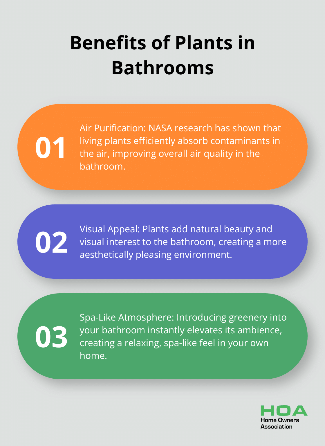 An ordered list chart showing three key benefits of plants in bathrooms: improved air quality, visual interest, and spa-like atmosphere. - low cost bathroom renovation ideas