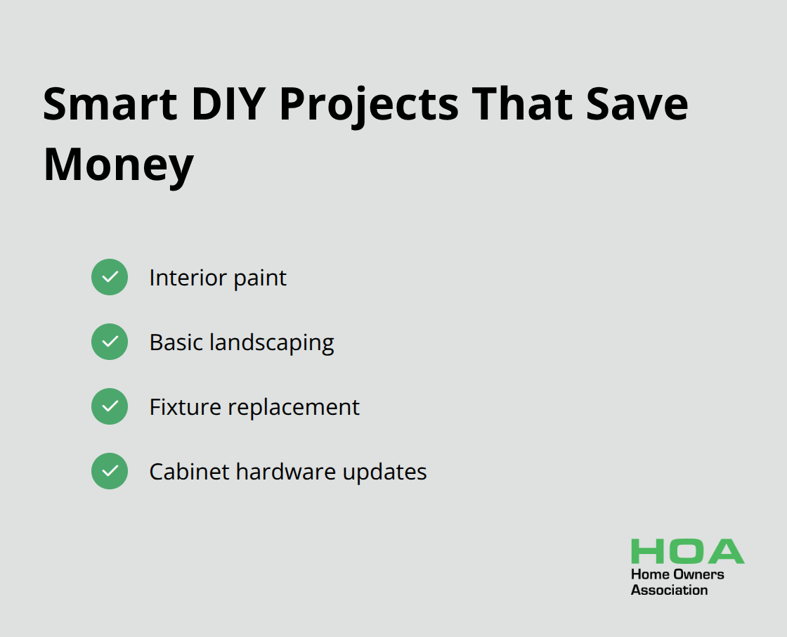 Chart listing DIY projects that can save 50-70% on labour costs: interior paint, basic landscaping, fixture replacement, and cabinet hardware updates - renovation ideas for old homes