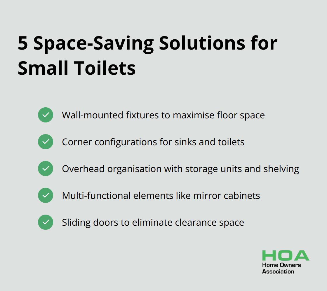 Checklist of five space-saving solutions for small toilets: wall-mounted fixtures, corner configurations, overhead organisation, multi-functional elements, and sliding doors.