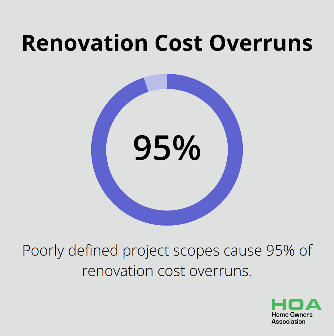Pie chart showing 95% of renovation cost overruns are caused by poorly defined project scopes - affordable renovation ideas