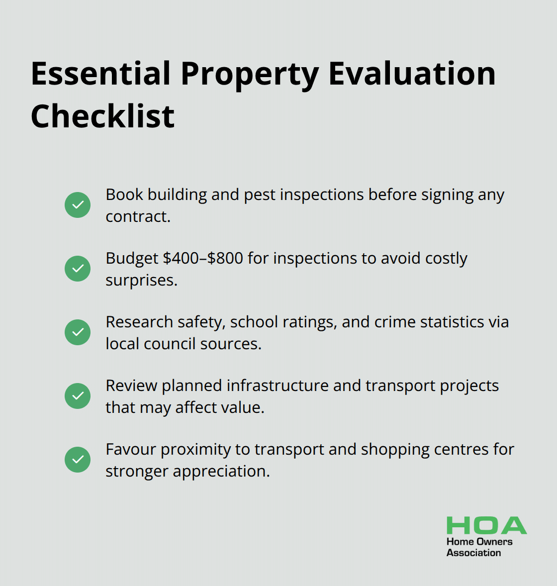 Checklist covering inspections, safety research, and local due diligence for Australian property buyers - home buying tips first time