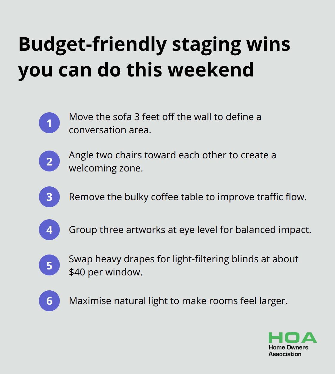 Compact checklist of quick, low-cost staging actions for Australian homes - home staging tips