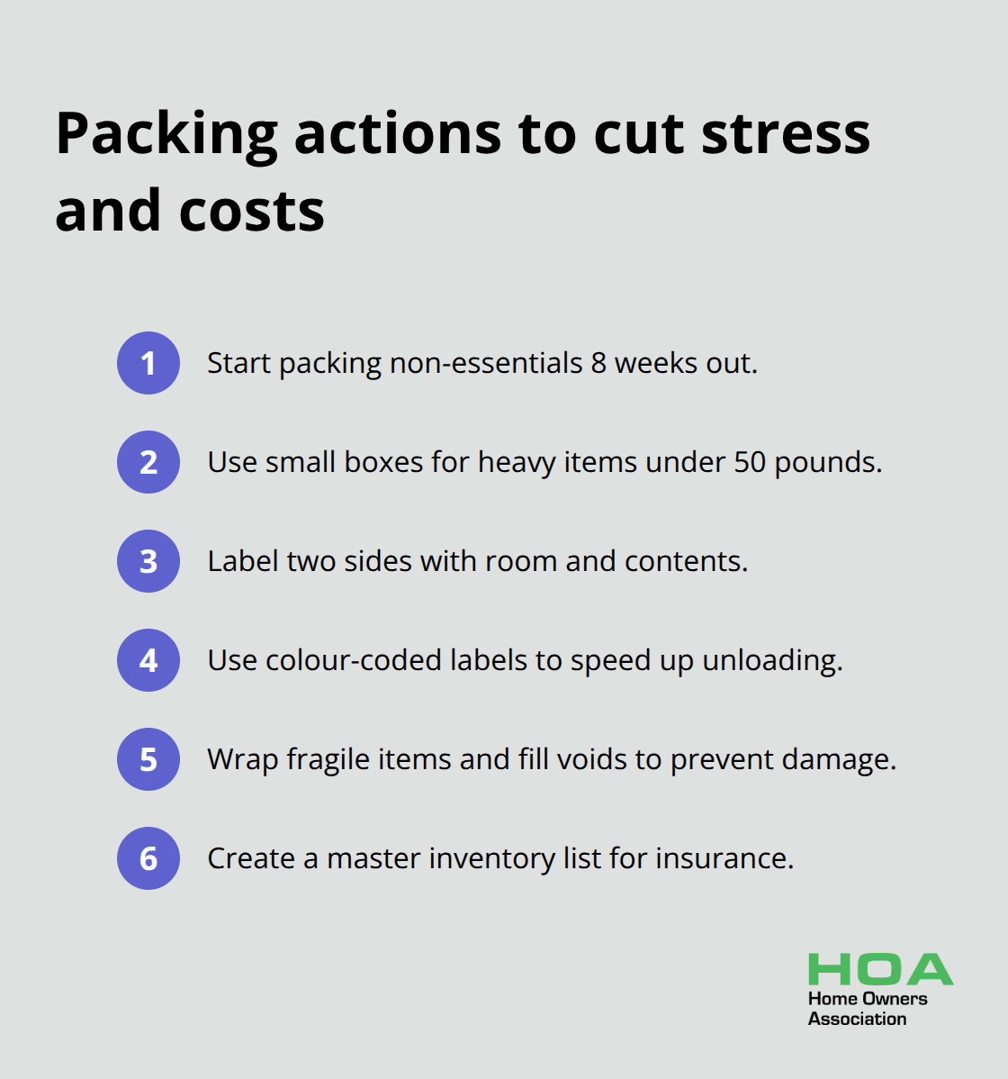 Compact checklist of six packing actions for an organised move. - moving home tips